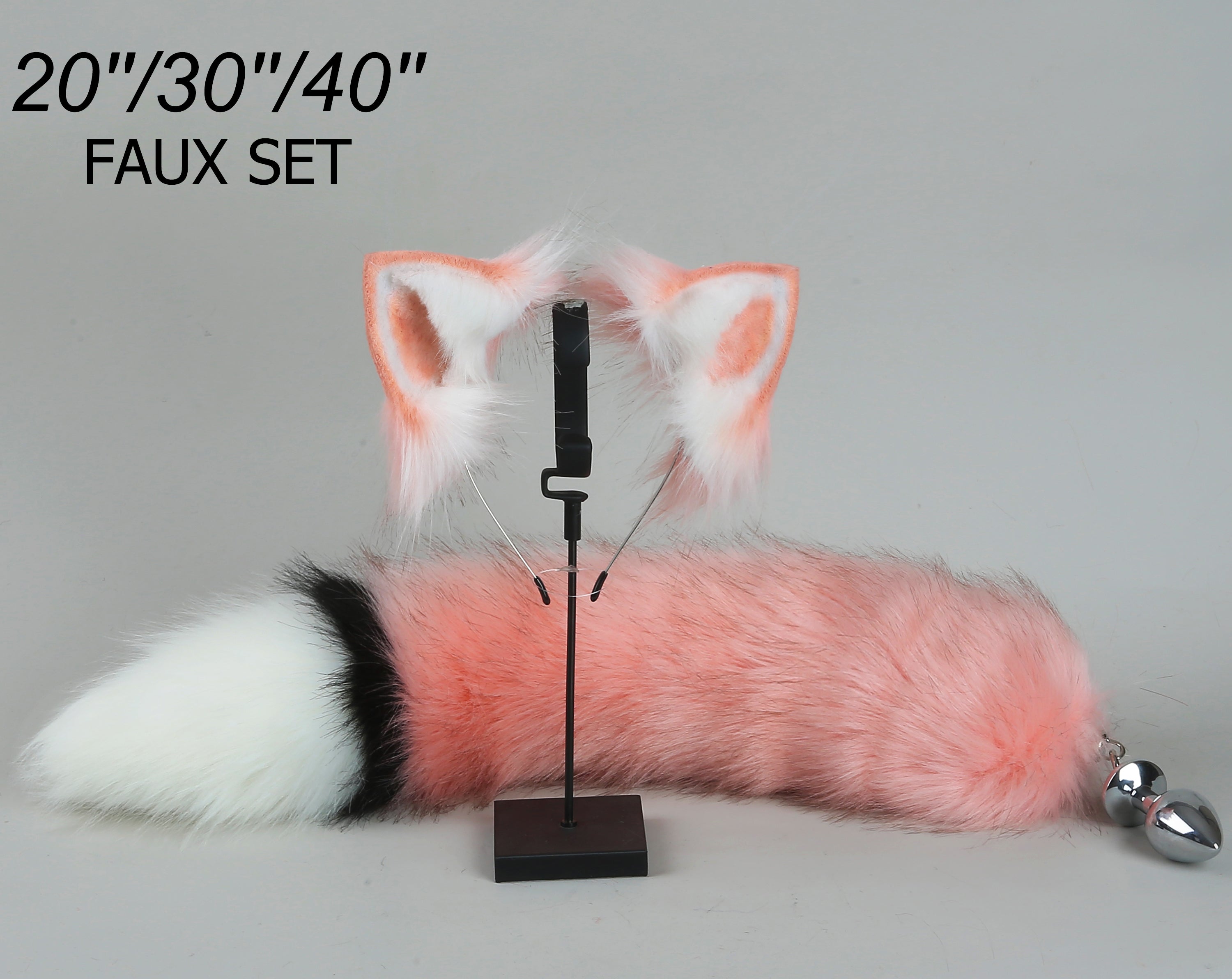 pink white fox tail plug and ear set fox ear wolf tail butt plug tail buttplug petplay sextoy detach anal plug tail kittenplay ear