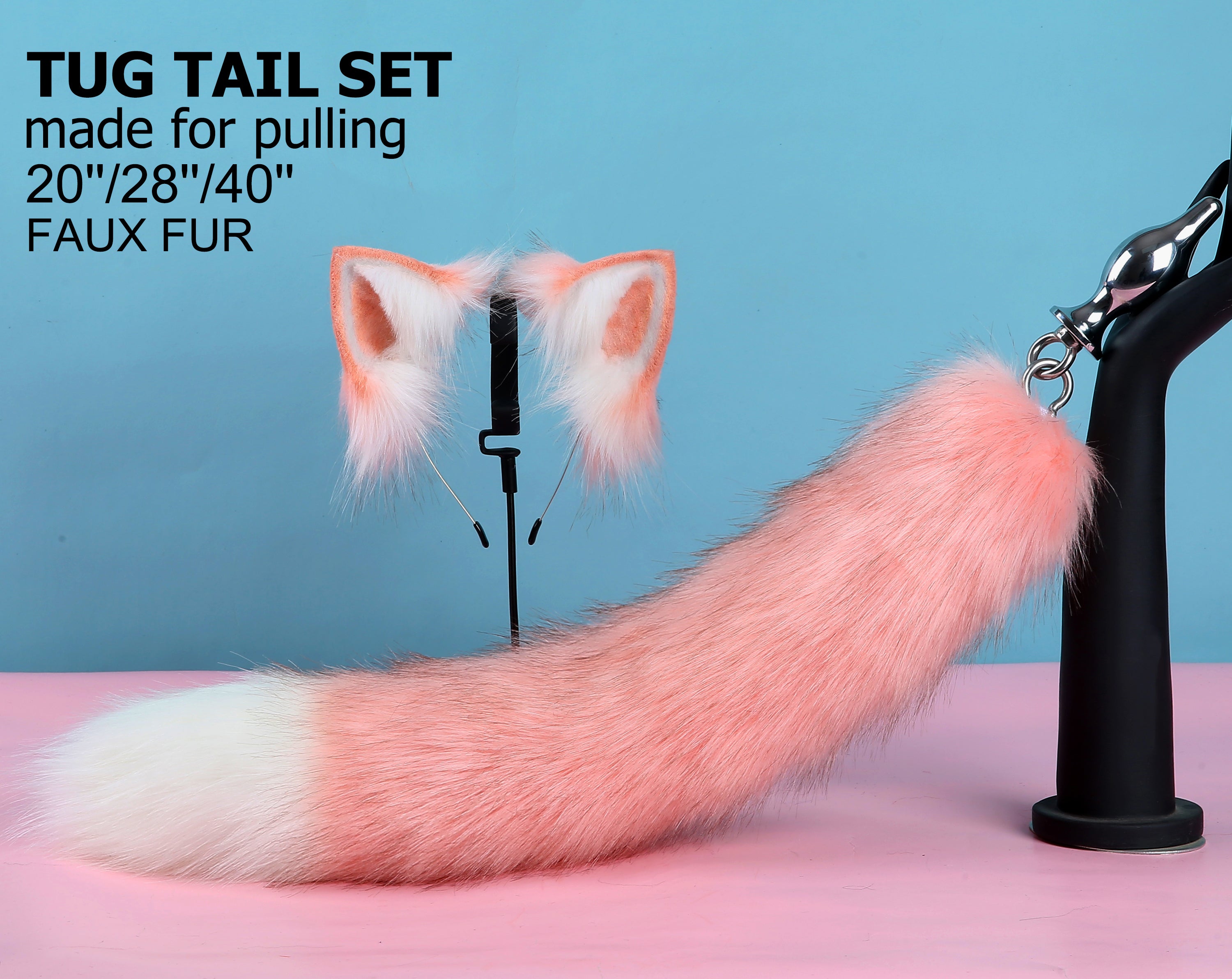 pink white tug tail plug and ear set faux fur fox tail butt plug wolf tail buttplug ddlg sex toy bdsm cat tail plug bondage petplay