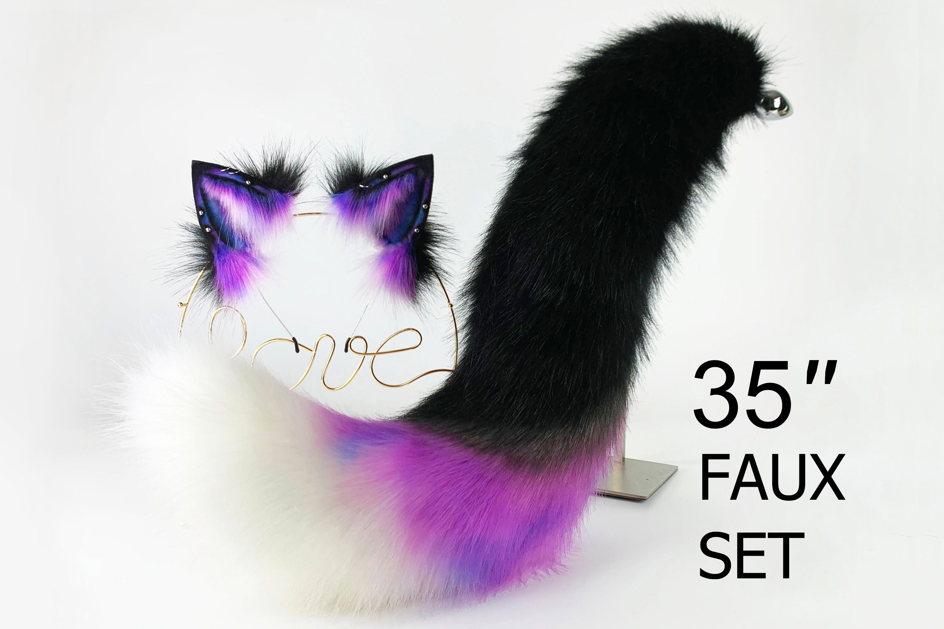 purple black faux fur fox tail plug and ear wolf tail buttplug and ear kitten ear and tail plug set curved tail and ear plug cosplay mature