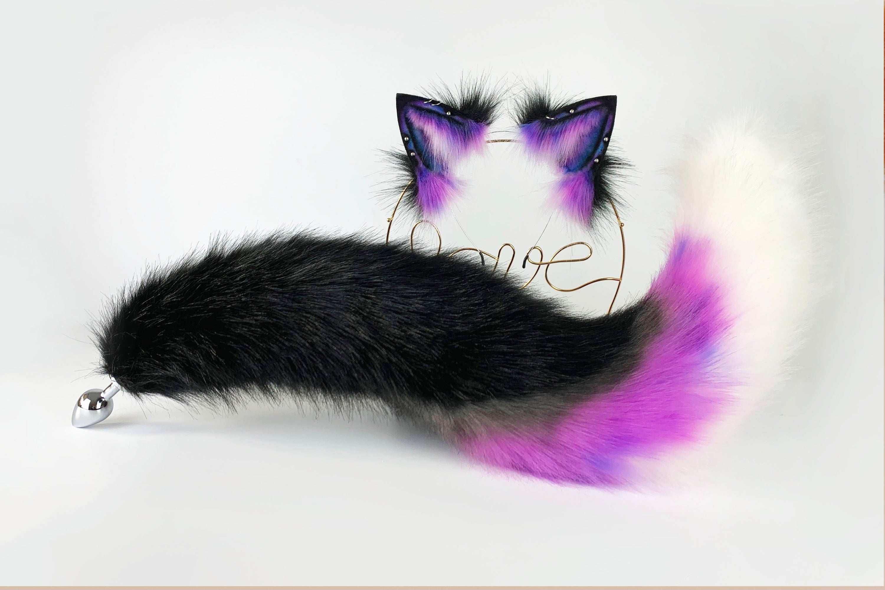 purple black faux fur fox tail plug and ear wolf tail buttplug and ear kitten ear and tail plug set curved tail and ear plug cosplay mature