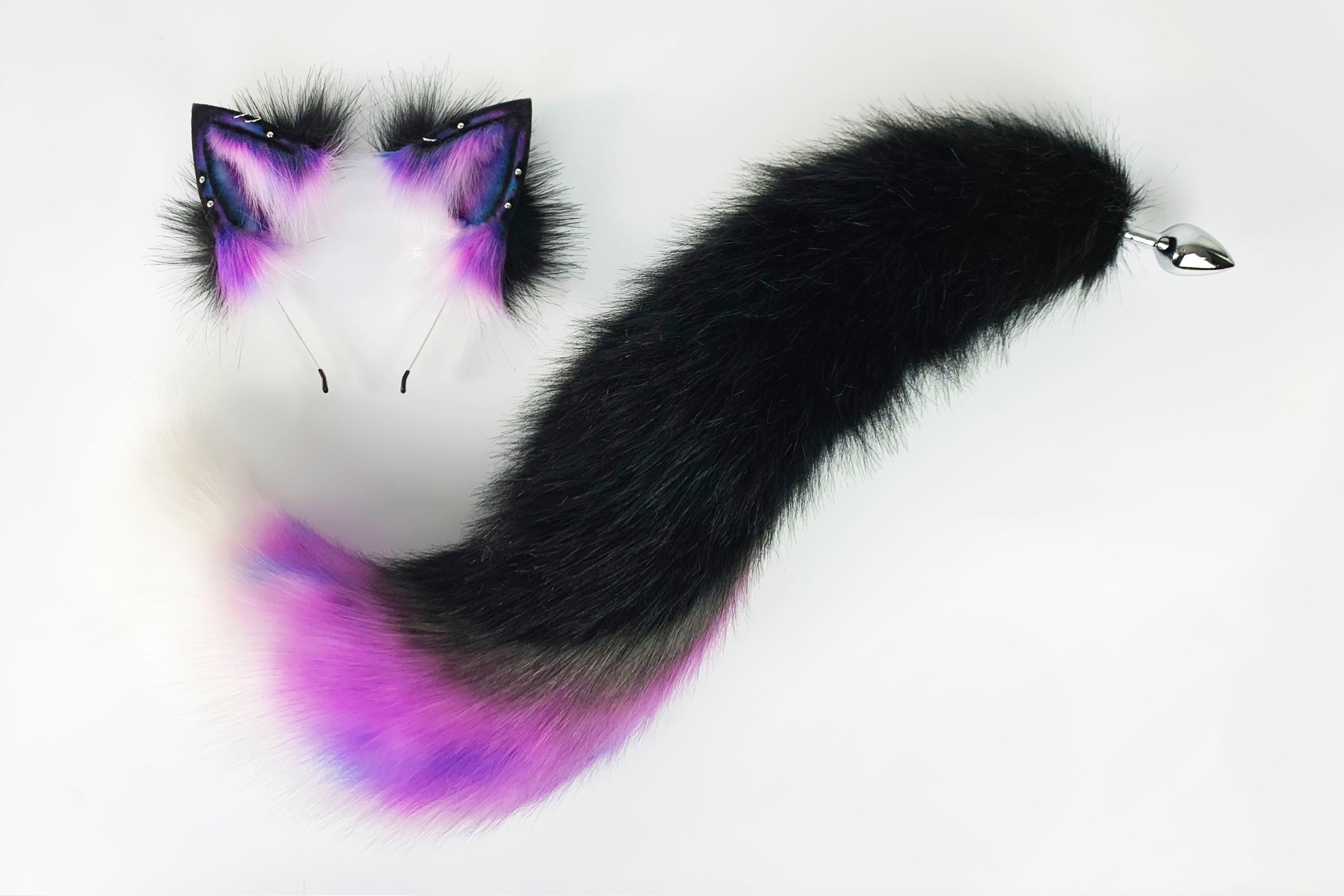 purple black faux fur fox tail plug and ear wolf tail buttplug and ear kitten ear and tail plug set curved tail and ear plug cosplay mature