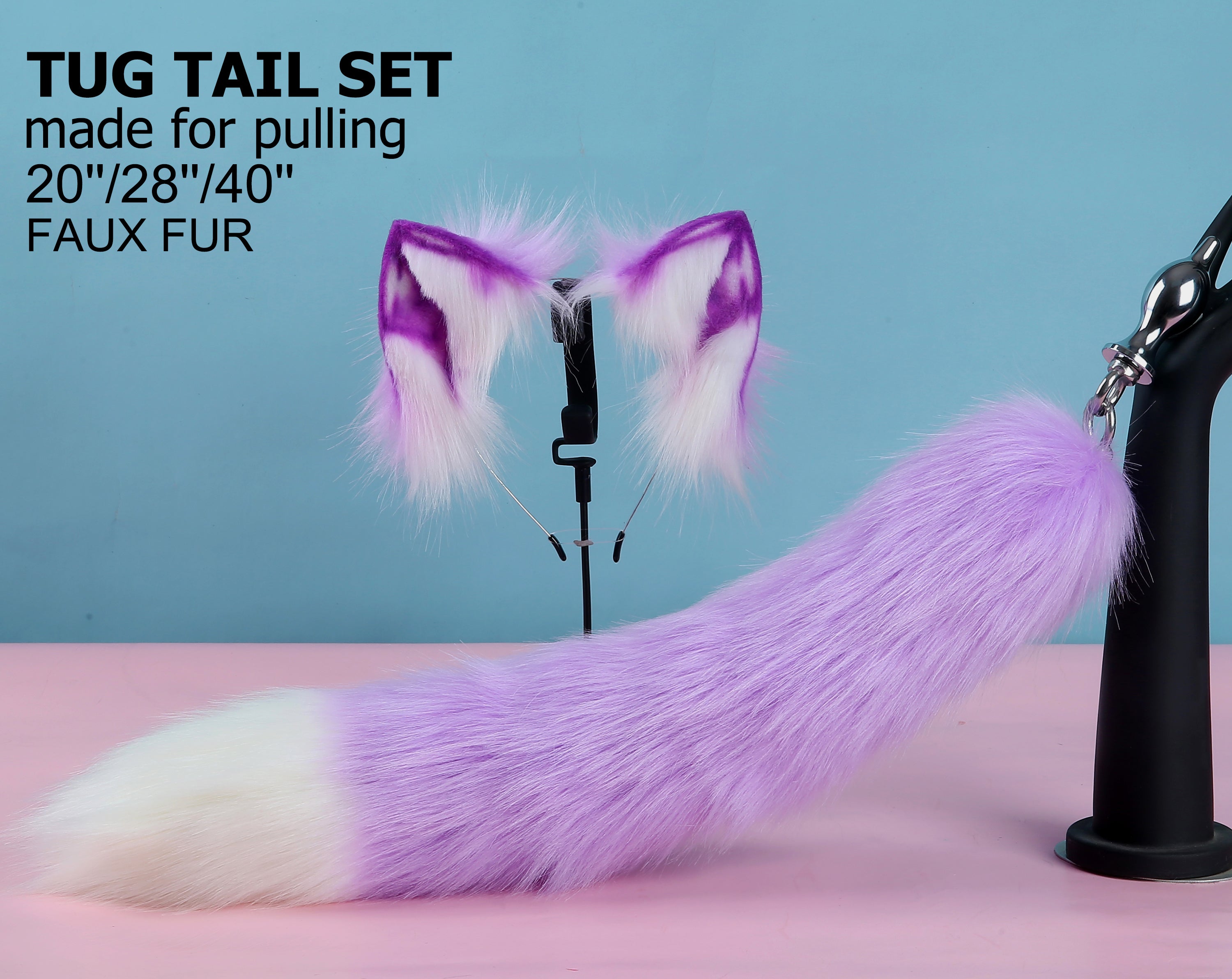 Light purple tug tail plug and ear set faux fur fox tail butt plug wolf tail buttplug ddlg sex toy bdsm cat tail plug anal bondage petplay