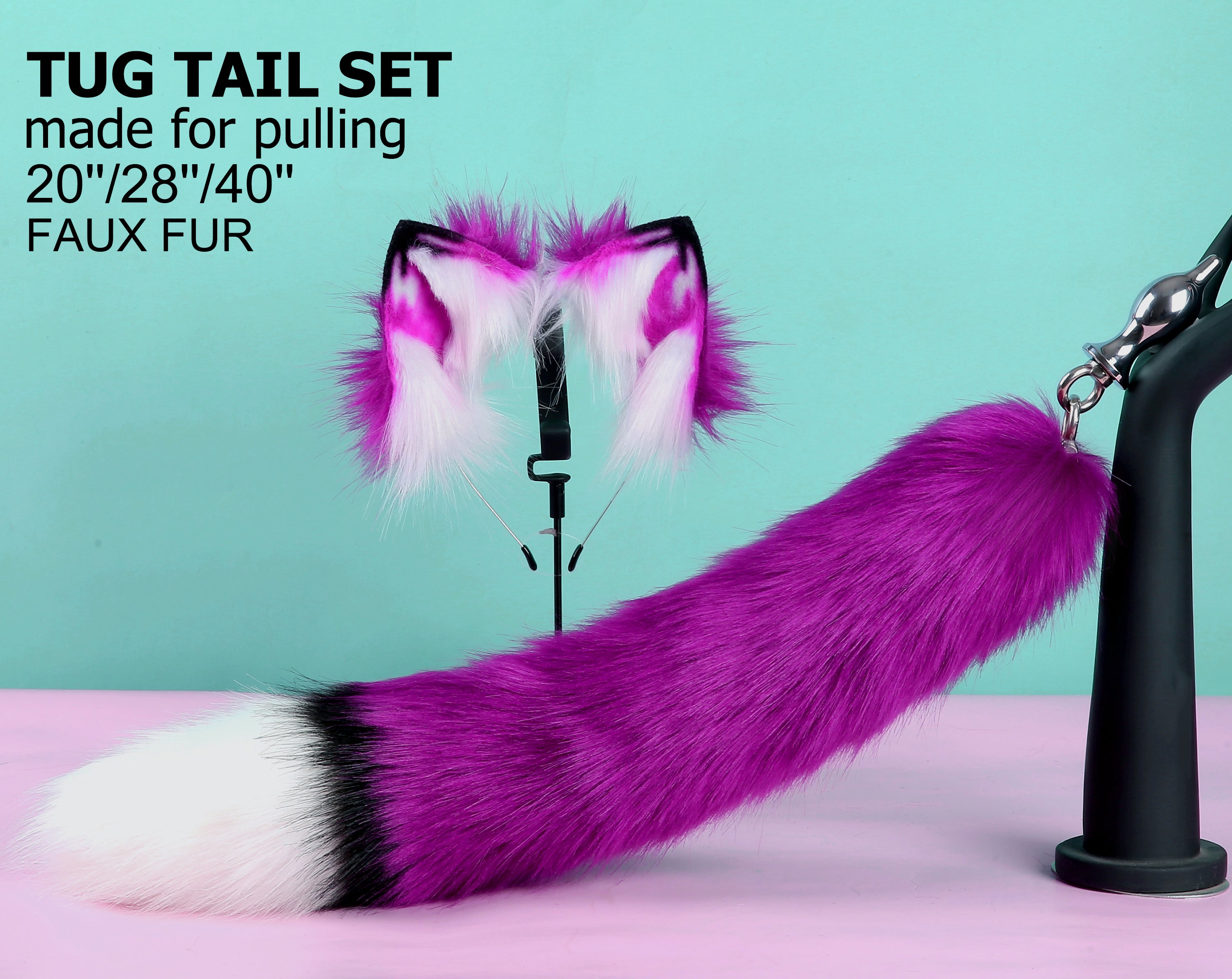 purple tug tail plug and ear set faux fur fox tail butt plug wolf tail buttplug ddlg sex toy bdsm cat tail plug anal bondage petplay