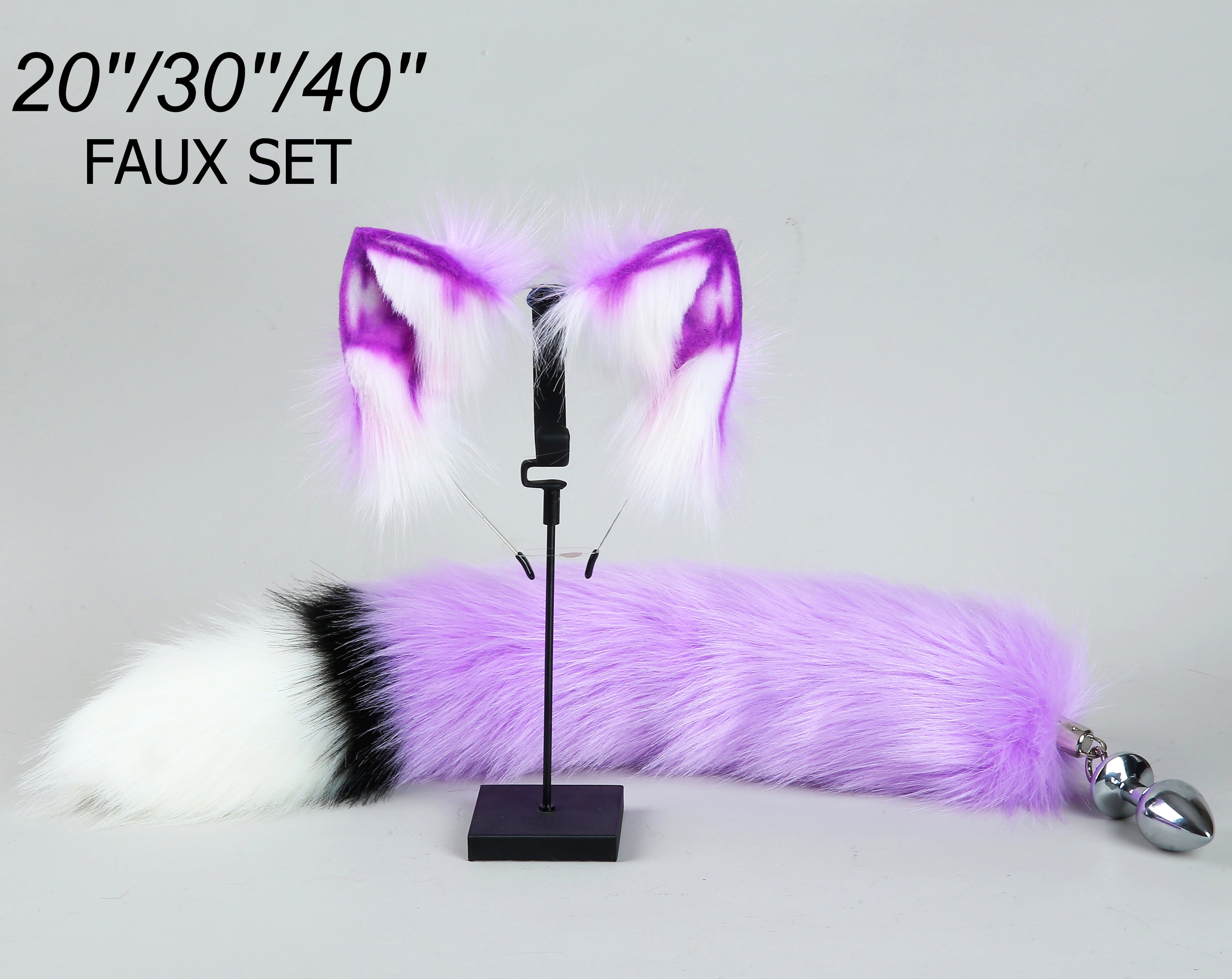 light purple white fox tail plug and ear set fox ear wolf tail butt plug tail buttplug petplay sextoy detach anal plug tail kittenplay ear