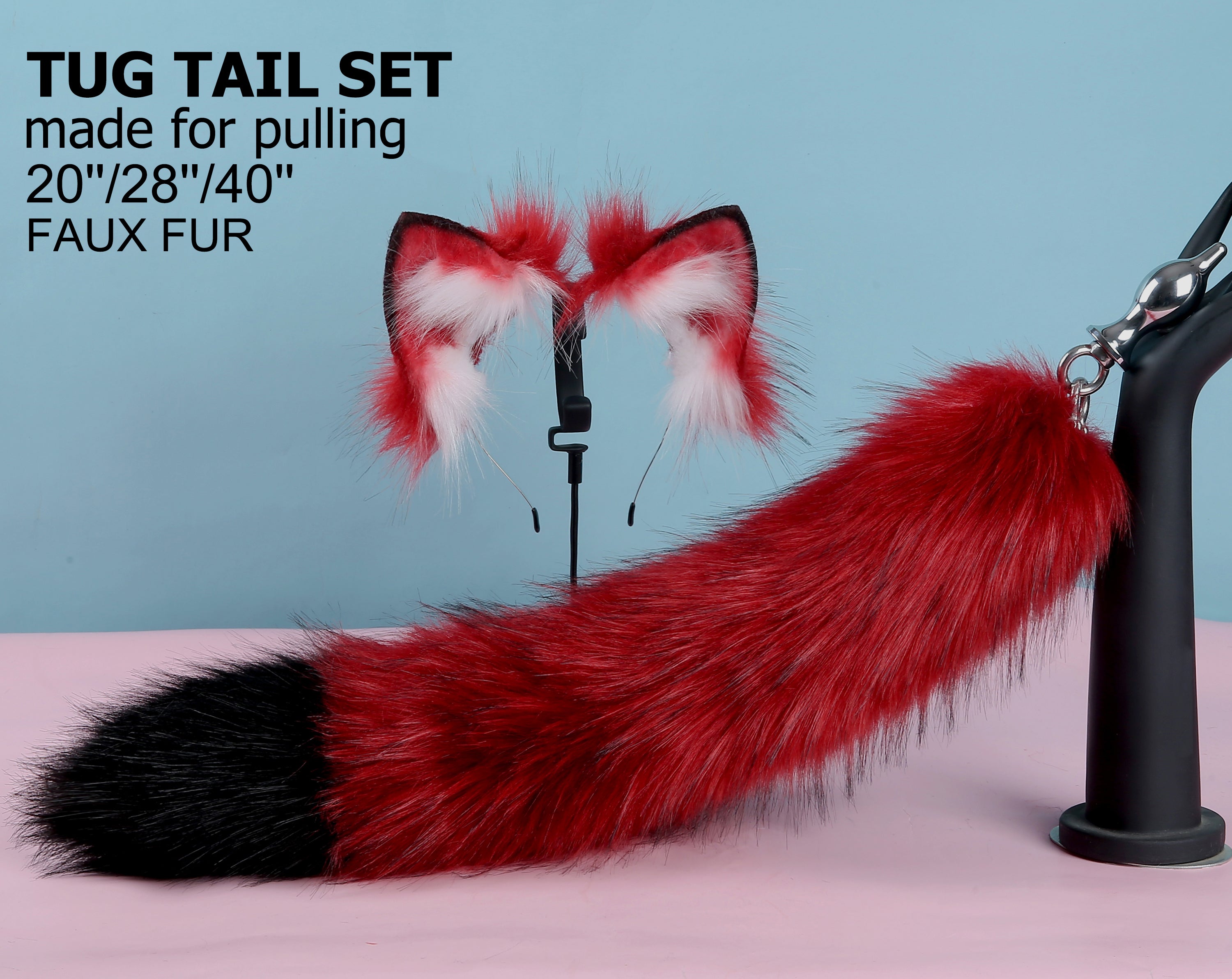 red black tug tail plug and ear set faux fur fox tail butt plug wolf tail buttplug ddlg sex toy bdsm cat tail plug bondage petplay