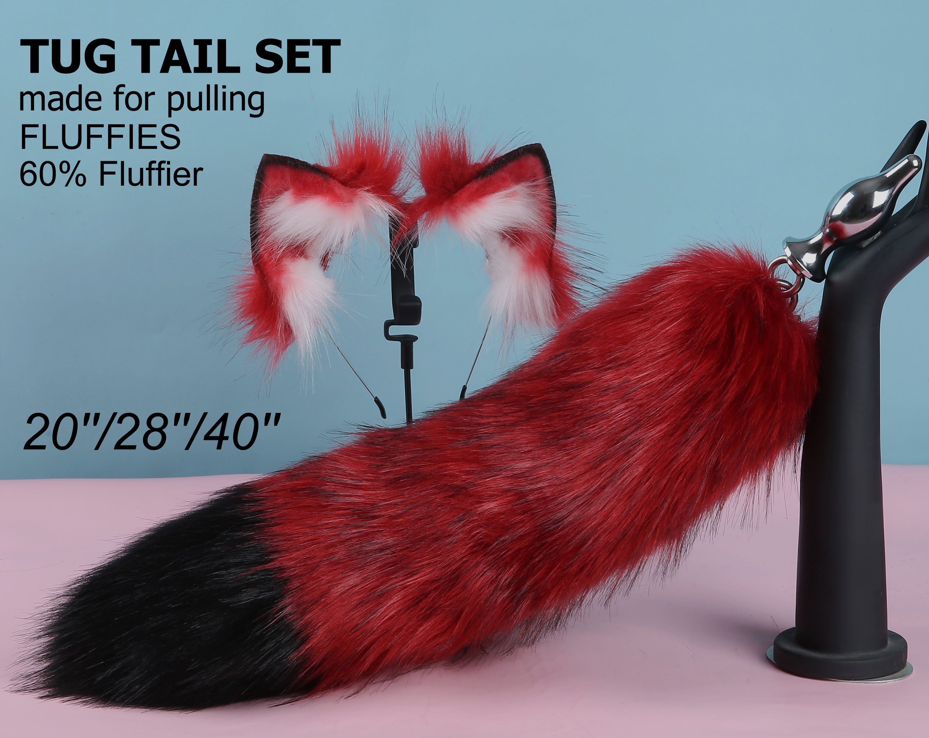 red black tug tail plug and ear set fluffy fox tail butt plug and ear set wolf tail buttplug sex toy bdsm cat tail bondage petplay