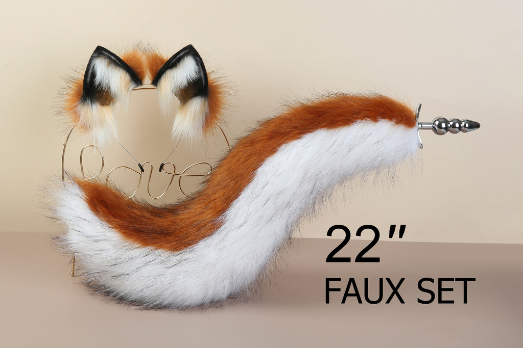 Brown White Faux Fur Fox Tail Plug and Ear Wolf Tail Buttplug and Ear  Kitten Ear and Tail Plug Set Curved Tail and Ear Plug Cosplay mature 
