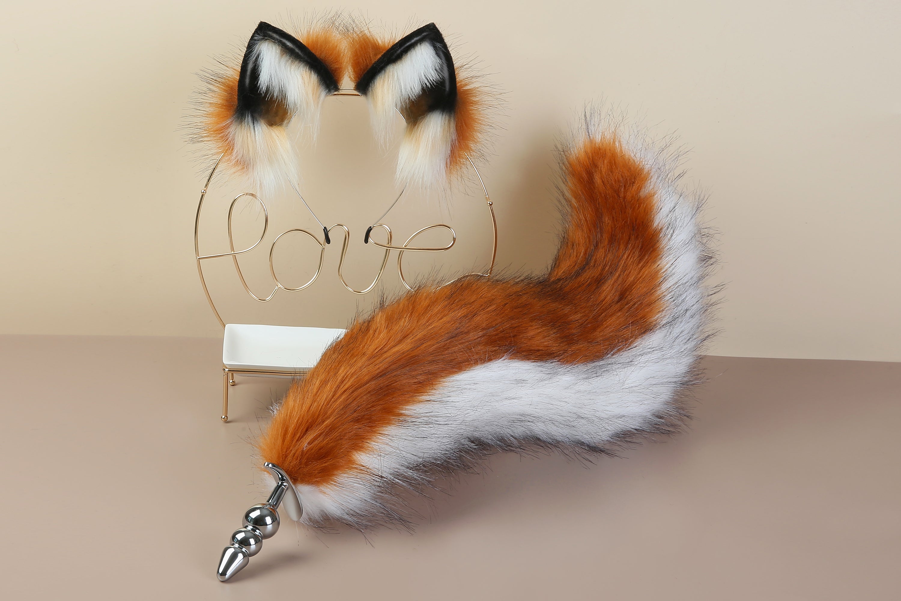 white brown faux fur fox tail plug and ear wolf tail buttplug and ear kitten ear and tail plug set curved tail and ear plug cosplay