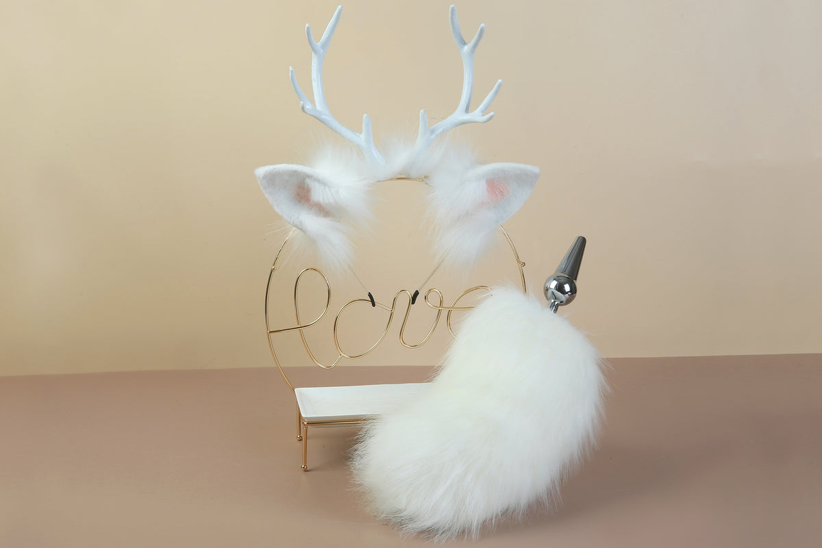 white deer tail plug and ear set cosplay deer ear and tail set pet pla ...