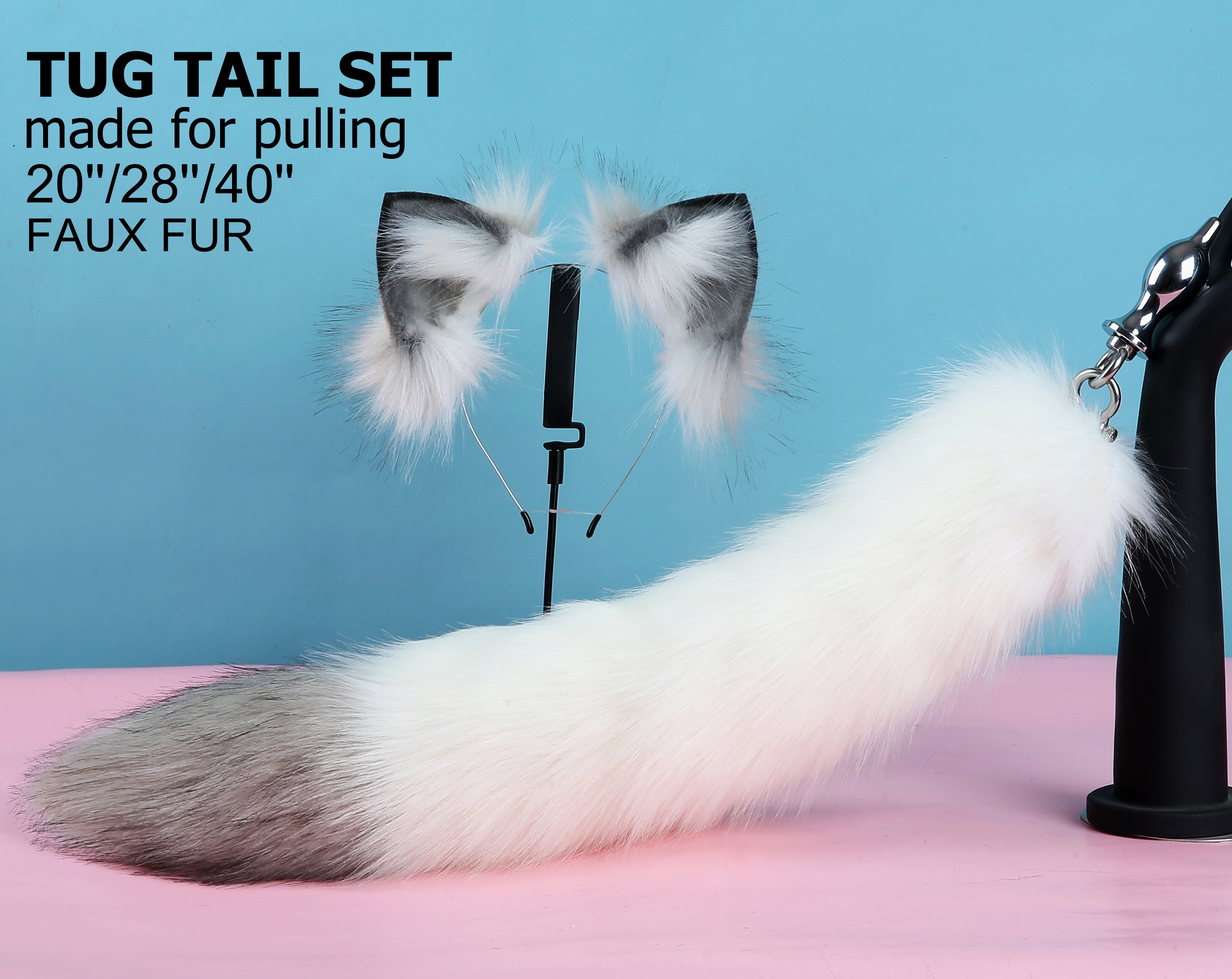 white gray tug tail plug and ear set faux fur fox tail butt plug wolf tail buttplug ddlg sex toy bdsm cat tail plug bondage petplay