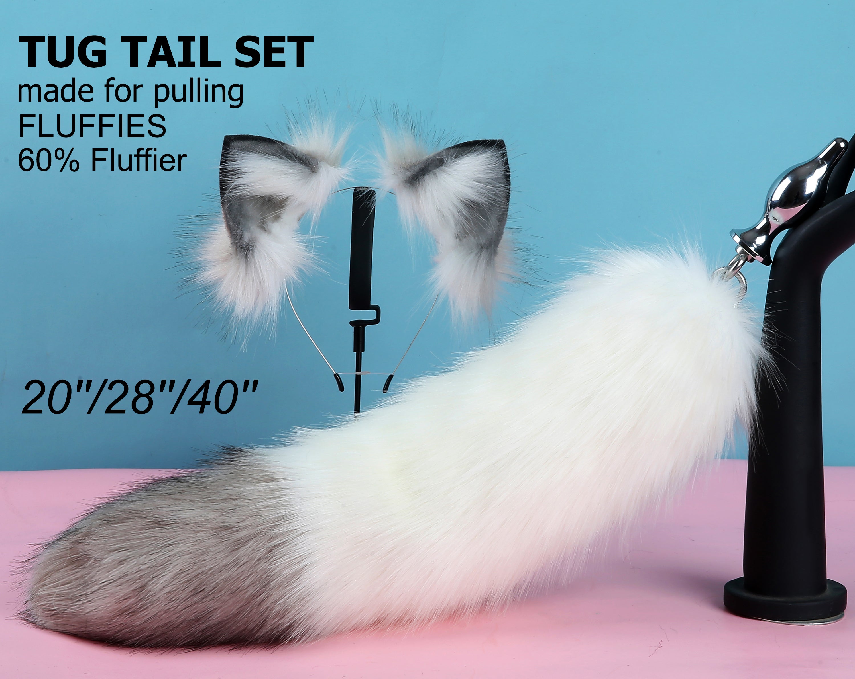 white gray tug tail plug and ear set fluffy fox tail butt plug and ear set wolf tail buttplug sex toy bdsm cat tail bondage petplay