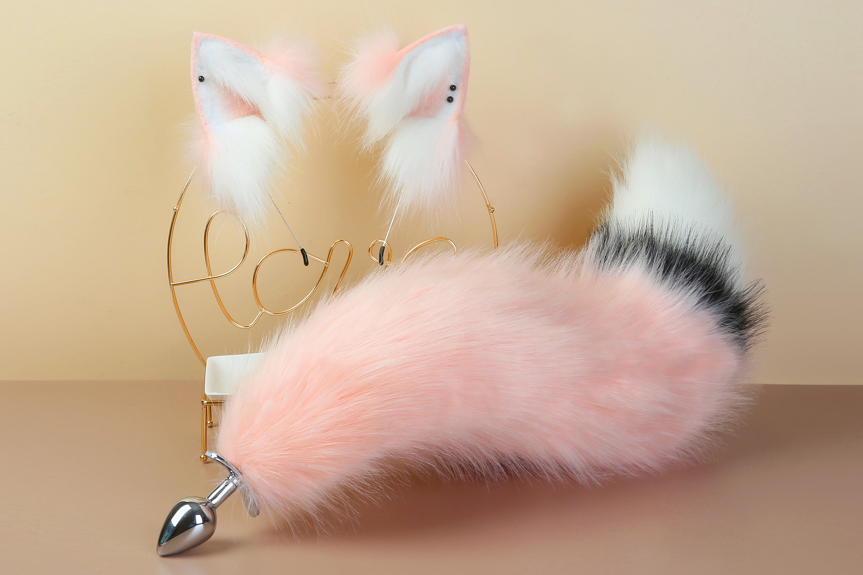 white pink fox tail plug and ears set detach curly tail butt plug kitten wolf tail buttplug cat petplay bdsm cosplay anime sextoy