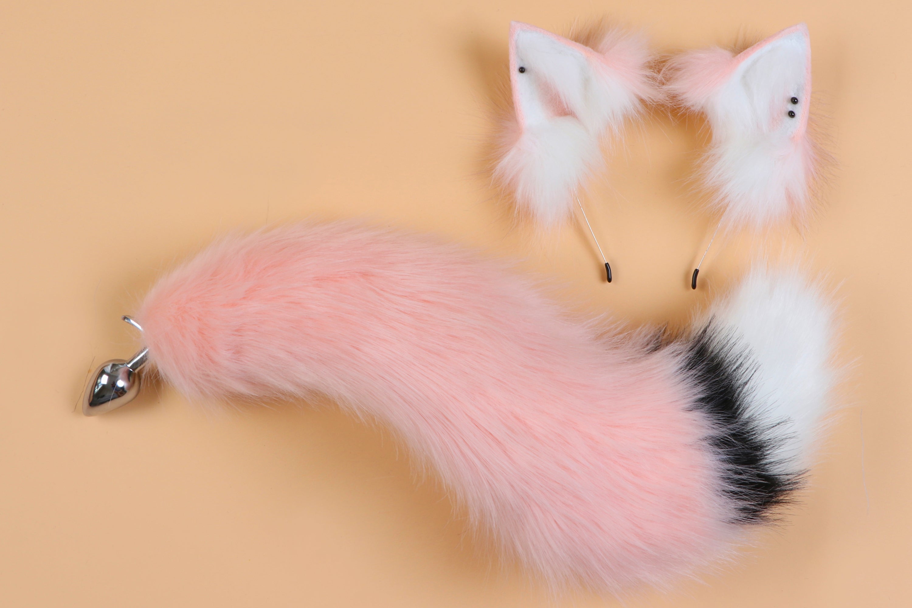 white pink fox tail plug and ears set detach curly tail butt plug kitten wolf tail buttplug cat petplay bdsm cosplay anime sextoy