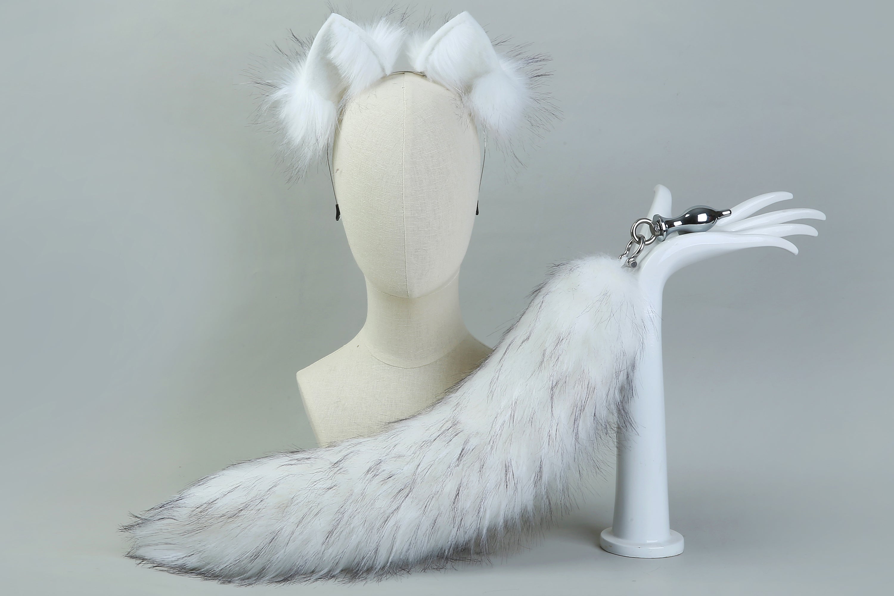 white tug tail plug and ear set faux fur fox tail butt plug wolf tail buttplug ddlg sex toy bdsm cat tail plug anal bondage petplay