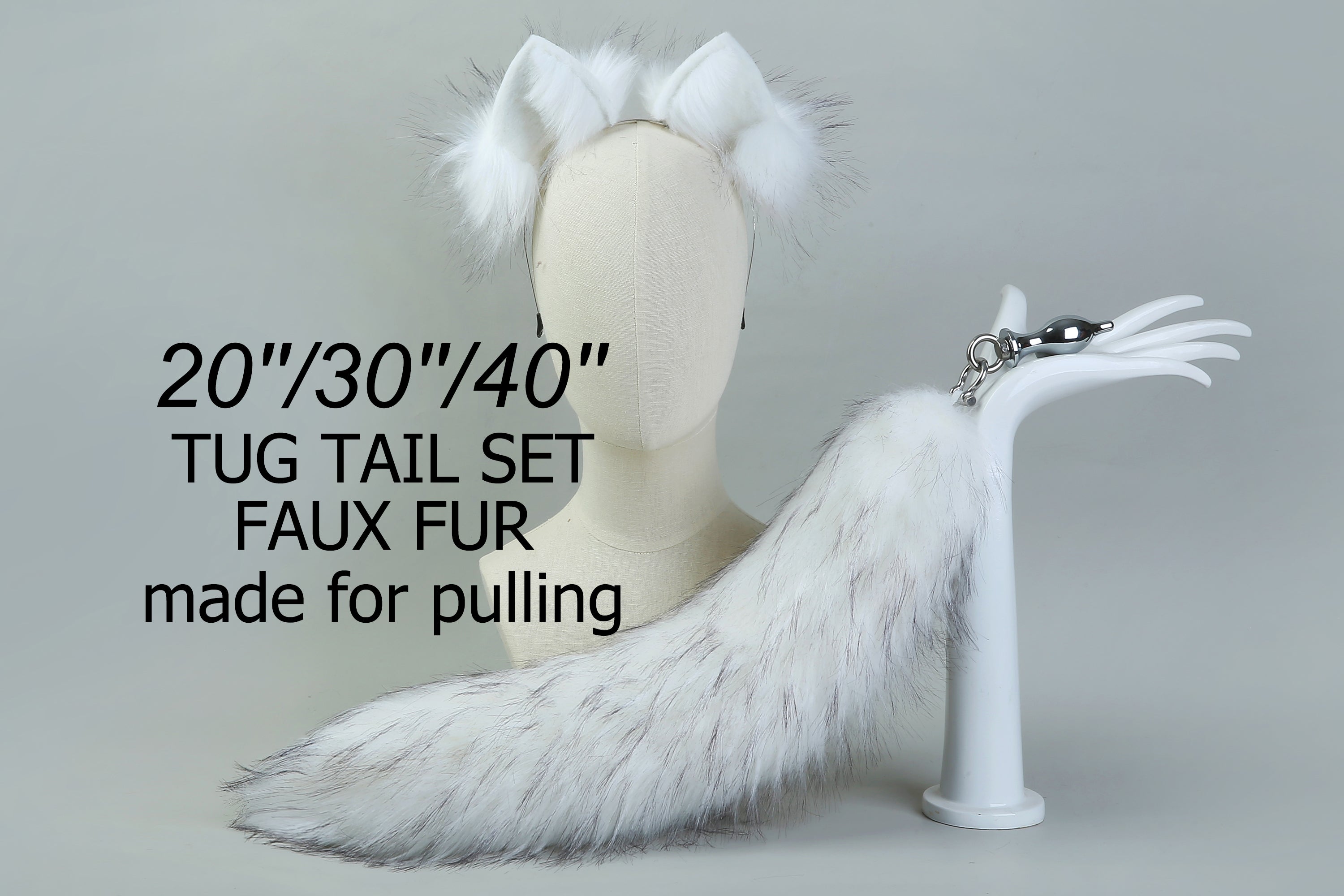 white tug tail plug and ear set faux fur fox tail butt plug wolf tail buttplug ddlg sex toy bdsm cat tail plug anal bondage petplay